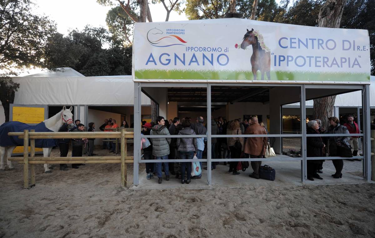 Il centro di ippoterapia all'Ippodromo di Agnano, con un cavallo e i partecipanti